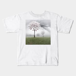 Pink and White Cherry Trees in a Foggy Scene Kids T-Shirt